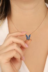 Navy Blue Stone Silver Butterfly Necklace